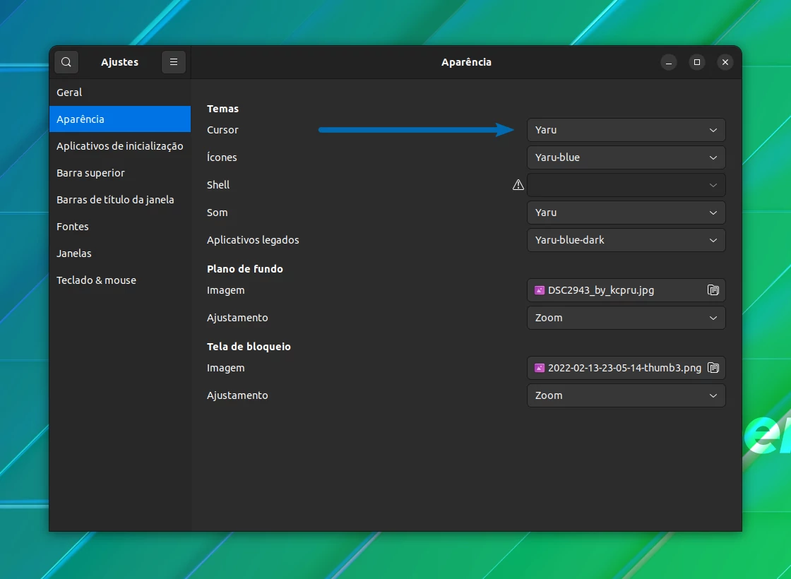 GNOME Ajustes com destaque para o ajuste de cursor