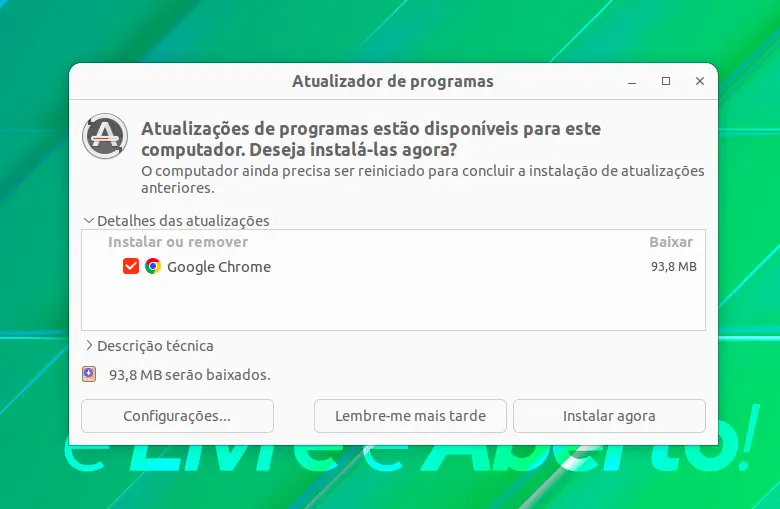Ubuntu envia notificações quando uma nova versão do Chrome está disponível