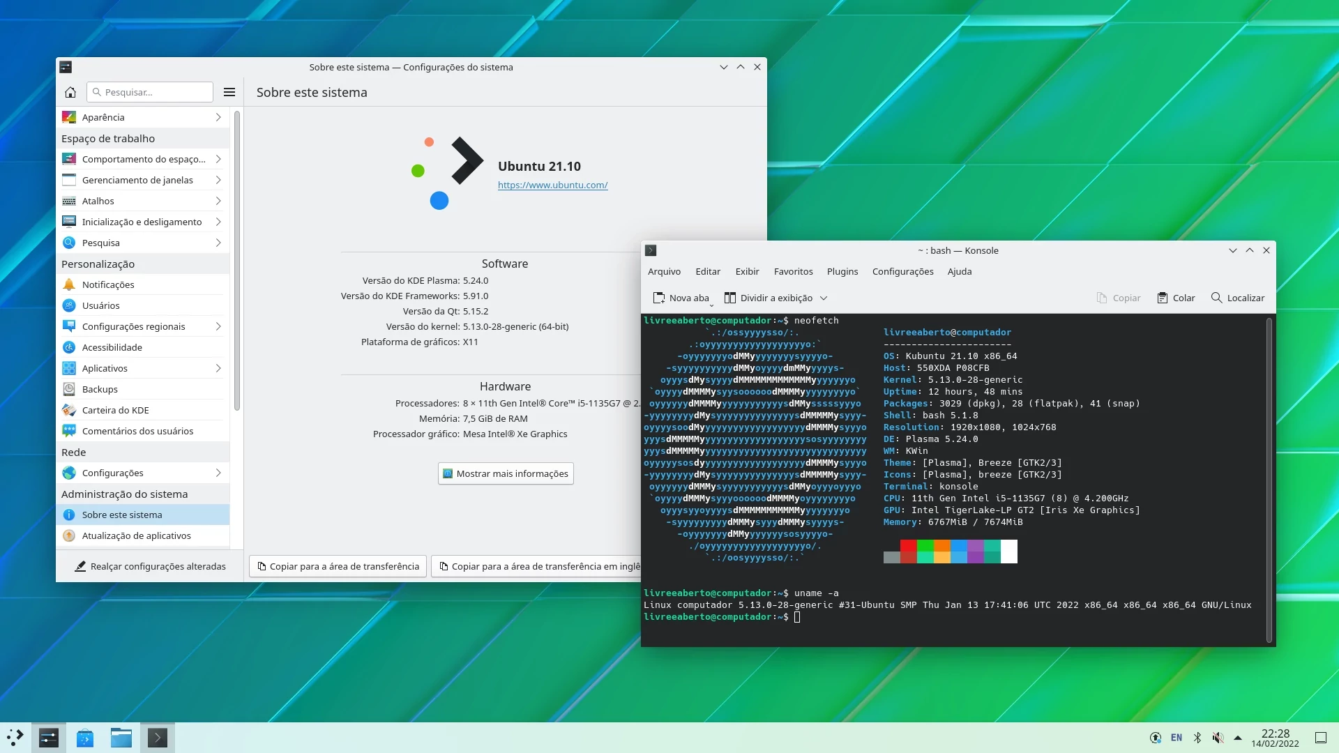Tela mostrando informações nas configurações com Ubuntu 21.10, Plasma KDE 5.24, e um terminal mostrando informações do comando neofetch e do comando uname
