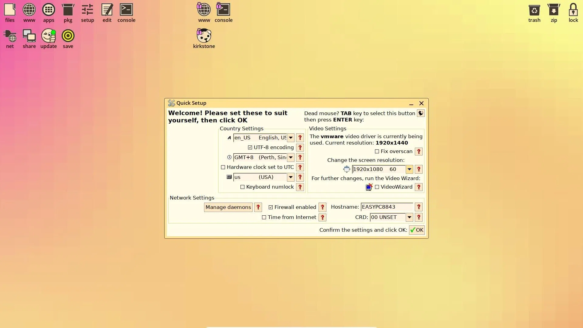 Uma captura de tela do Assistente de Configuração Rápida do EasyOS