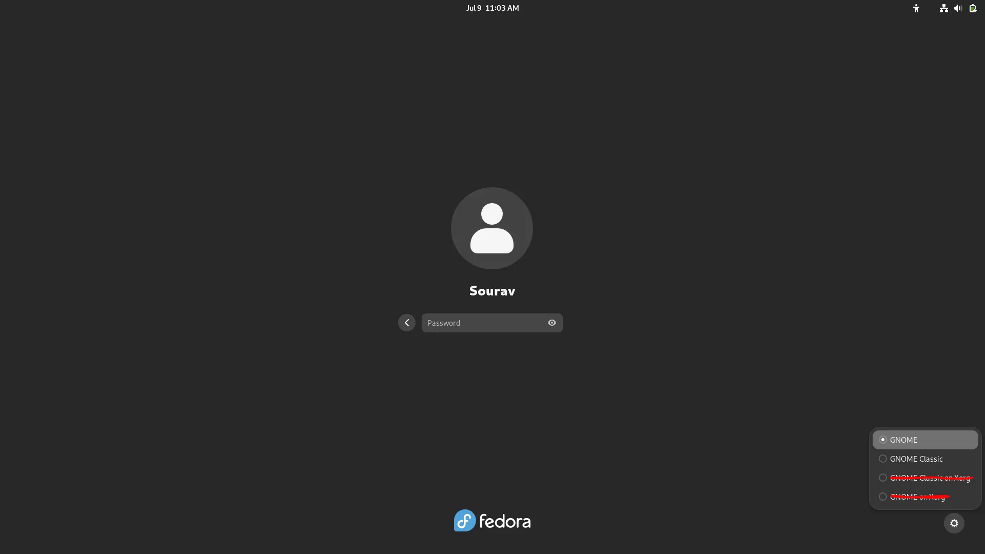 Uma captura de tela da tela de bloqueio na versão de pré-lançamento do Fedora 41 Workstation