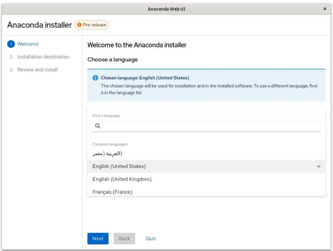 Uma captura de tela de pré-lançamento do instalador do Anaconda WebUI