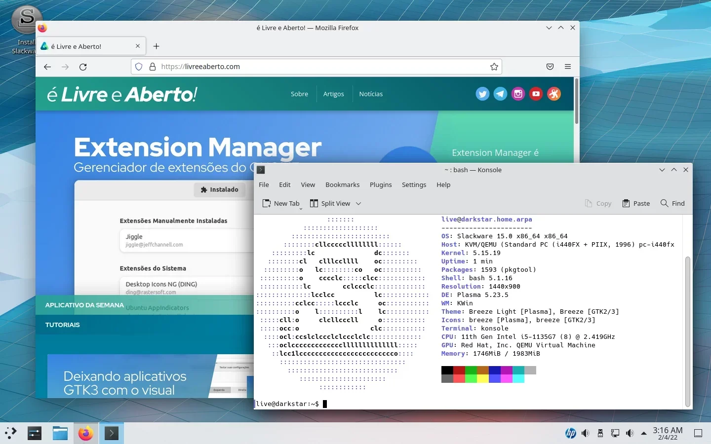 Slackware 15 com Firefox aberto na página do livreeaberto.com e Konsole mostrando informações do neofetch