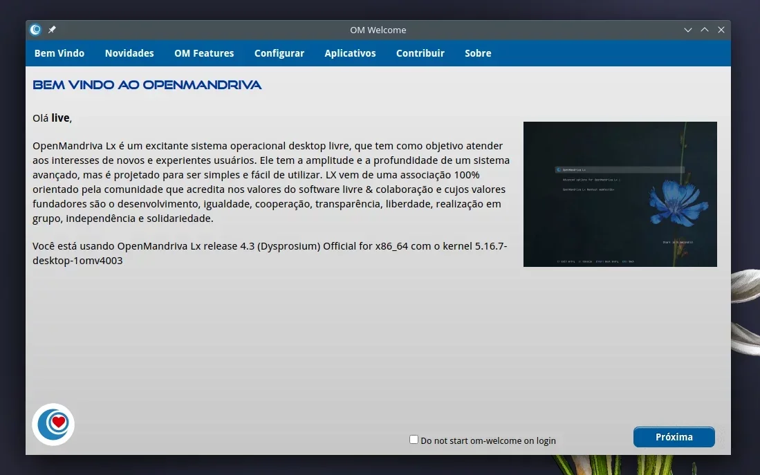 OpenMandriva Lx 7.3 mostrando janela de boas vindas OpenMandriva Lx 7.3 mostrando janela de boas vindas