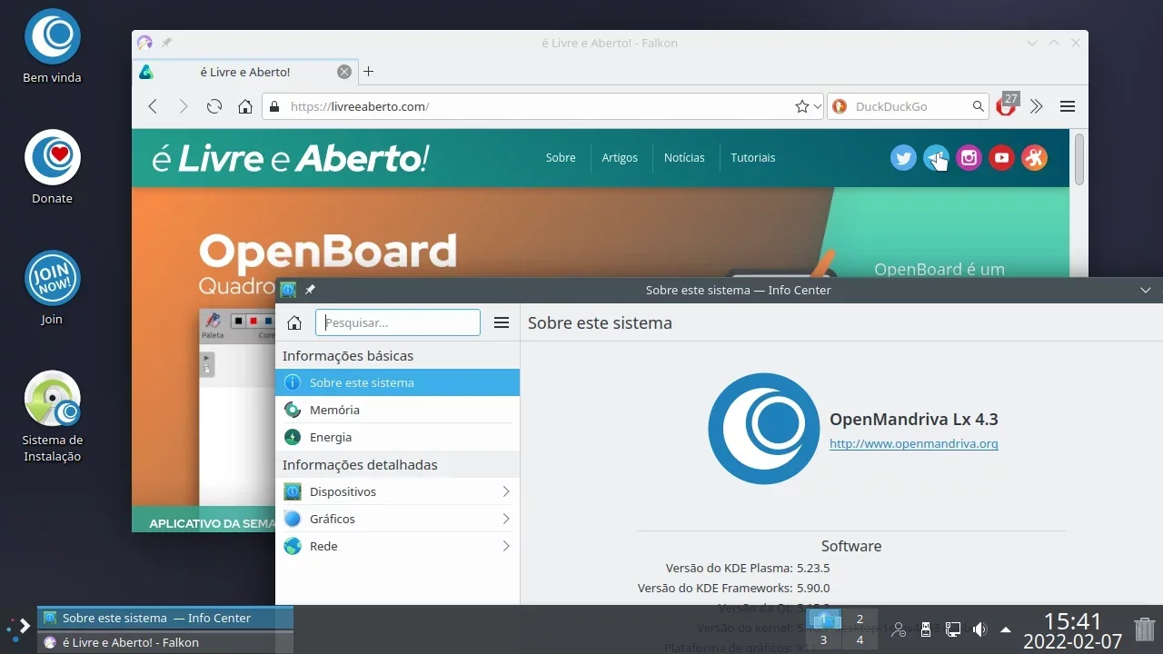 OpenMandriva Lx 7.3 com navegador Falkon mostrando site do livreeaberto.com e janela mostrando informações do sistema OpenMandriva Lx 7.3 com navegador Falkon mostrando site do livreeaberto.com e janela mostrando informações do sistema