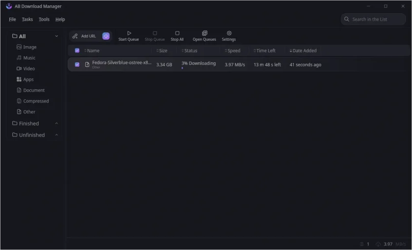 Imagem do AB Download Manager com um download na lista