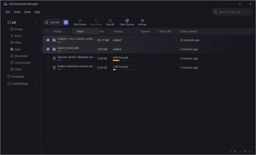 AB Download Manager com downloads enfileirados