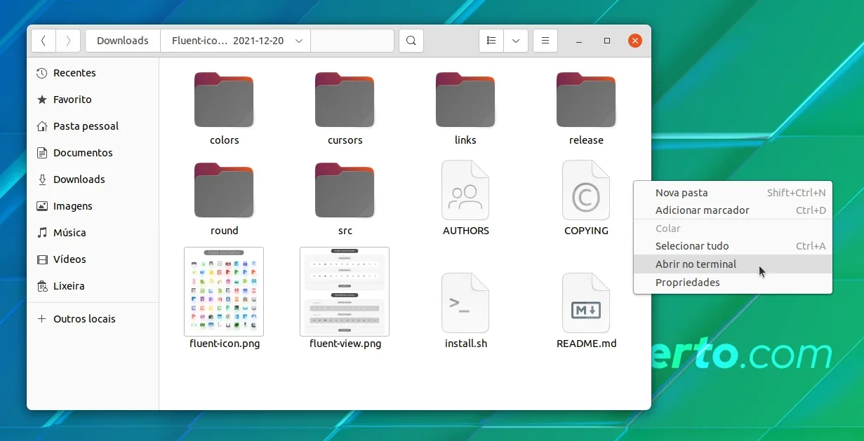 Abrindo um terminal na pasta de ícones Fluent
