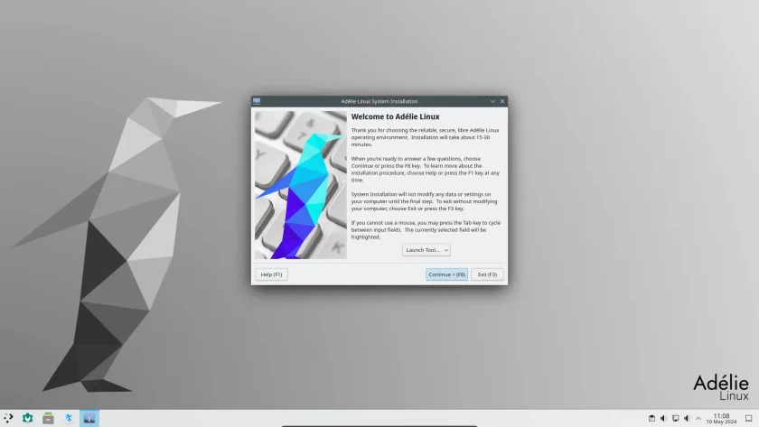 Captura de tela do instalador do Adélie Linux