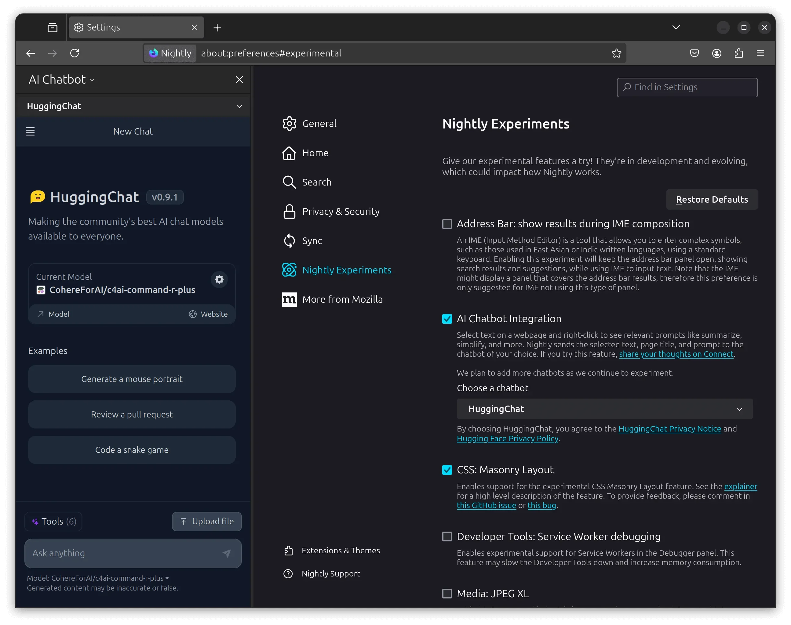 Menu de integração do chatbot AI
