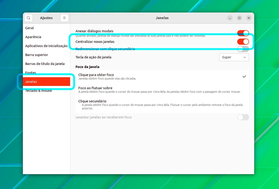 Ajustes GNOME e opção de centralizar janelas