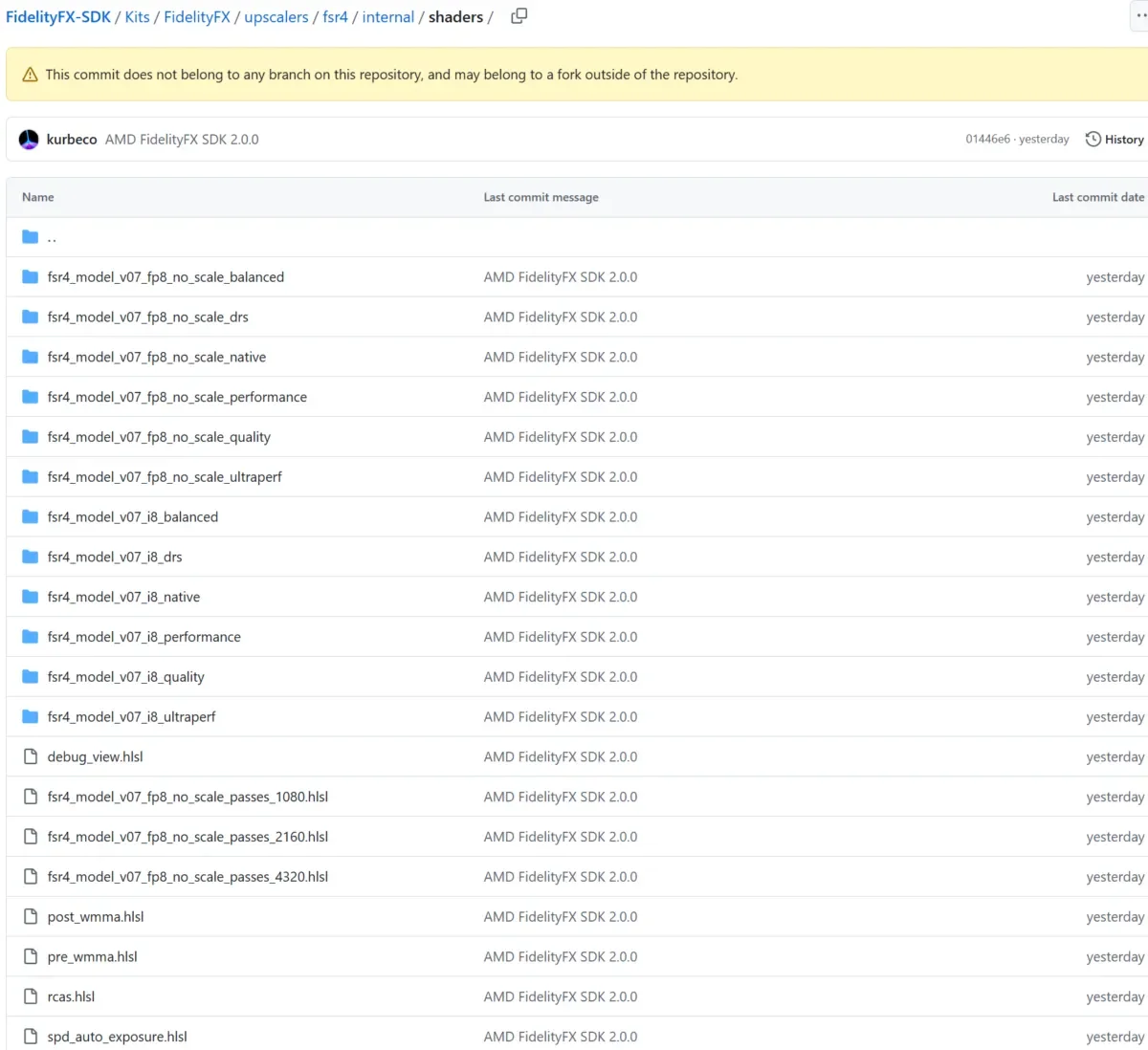 A foto mostra um repositório GitHub para FidelityFX, onde a pasta shaders está aberta mostrando os muitos modelos usados sob o FSR 4
