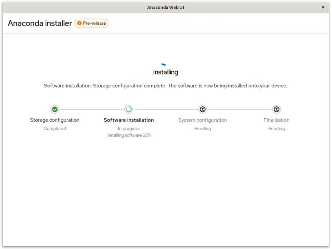 uma captura de tela da barra de progresso do instalador da interface do usuário da web anaconda