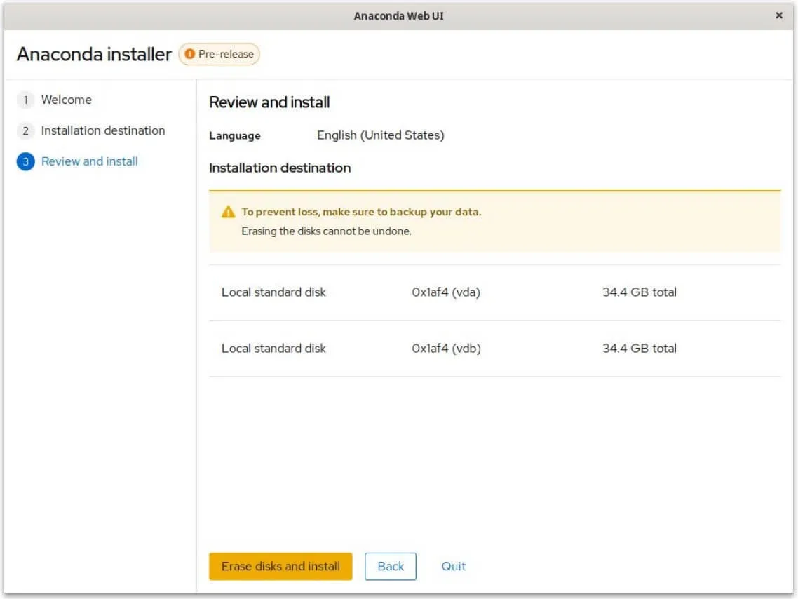 uma captura de tela da seção de revisão e instalação do instalador da interface do usuário da web anaconda