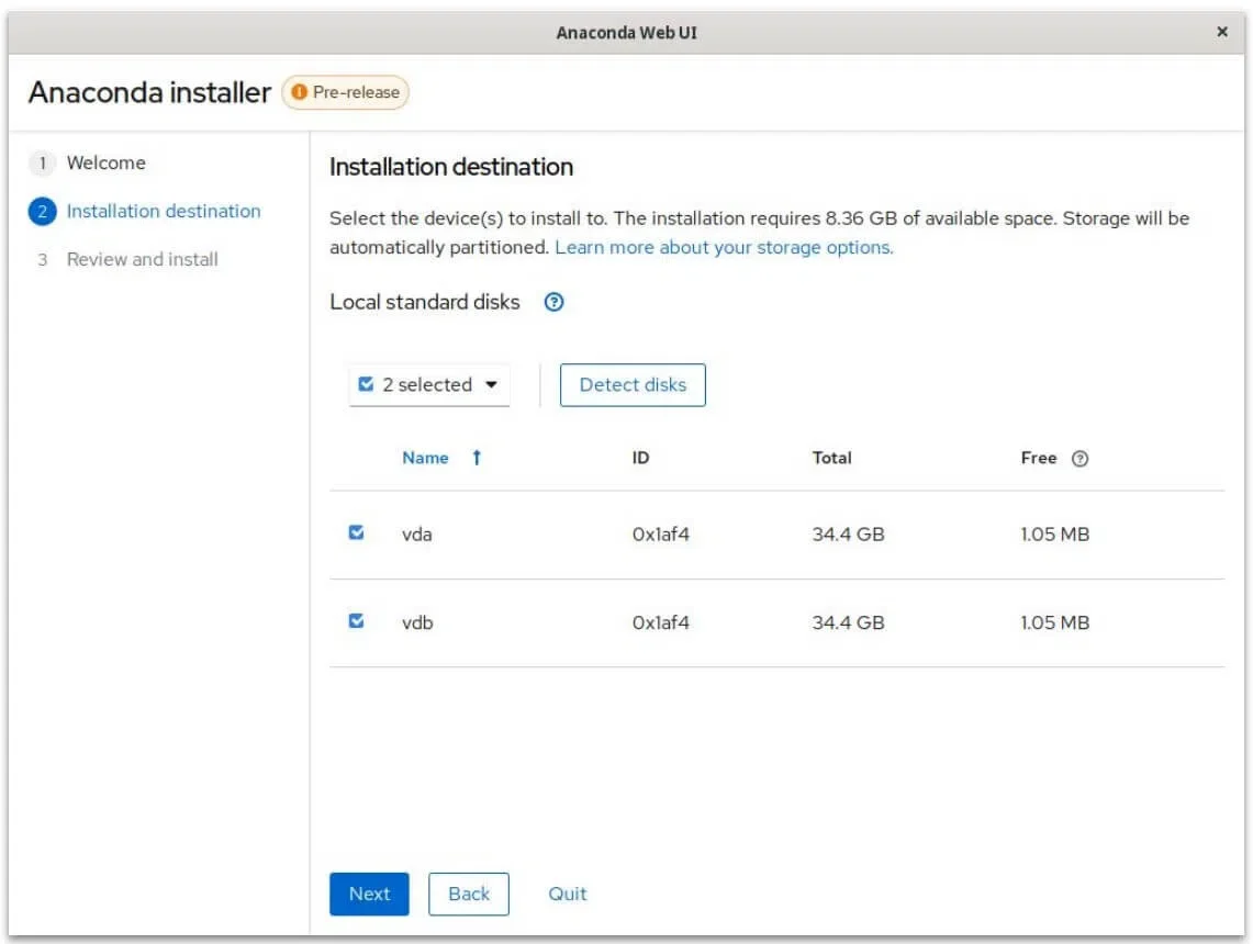 uma captura de tela da seção de seleção de disco do instalador da interface do usuário da web anaconda