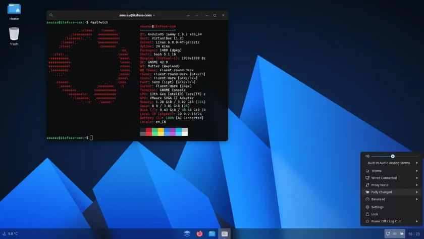 Uma captura de tela do Anduinos com uma saída fastfetch e configurações rápidas abertas