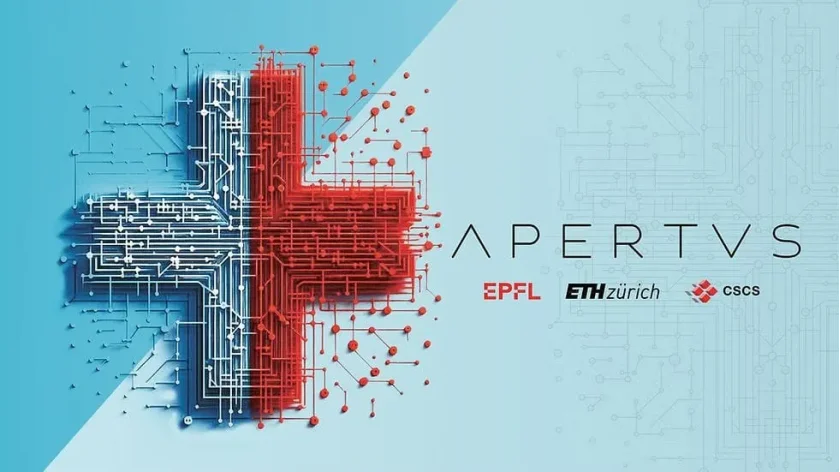 Um banner de cor branca/azul que mostra o logotipo azul claro e vermelho da Apertus, com os logotipos da EPFL, ETH Zurique e CSCs também presentes