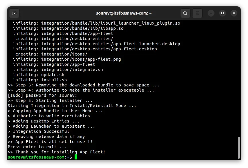uma captura de tela do aplicativo frota sendo instalado usando o shell