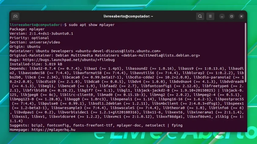 Mostrar as informações do pacote em apt