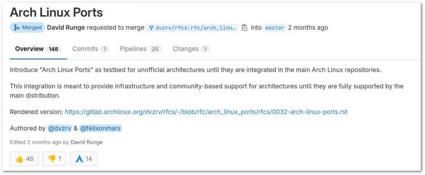 Arch Linux RFC mesclado screenshot do Arch Linux GitLab