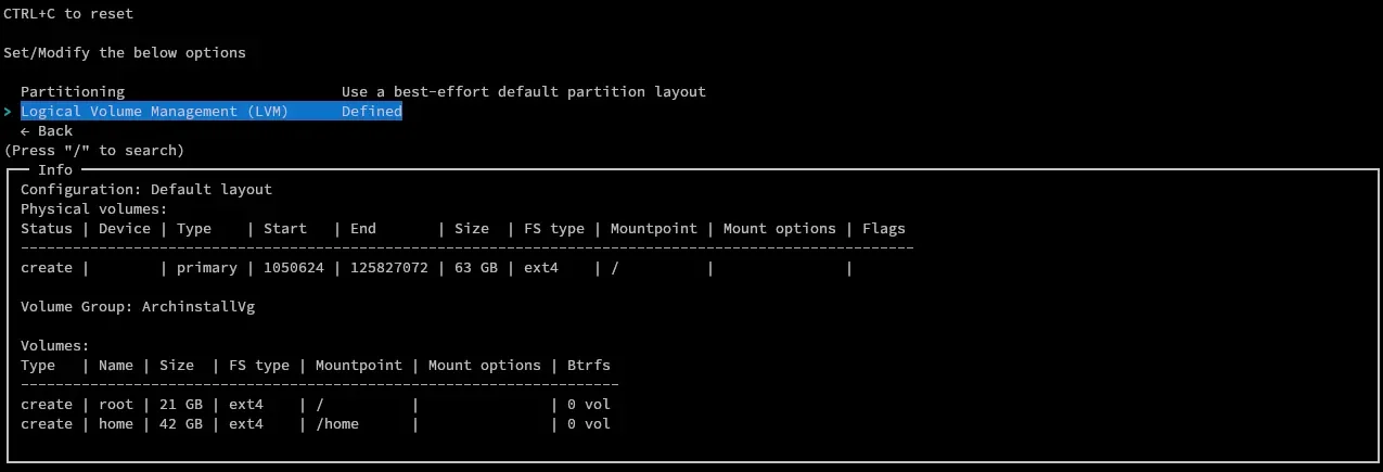 Uma captura de tela do menu LVM no Arch Install 2.8.1