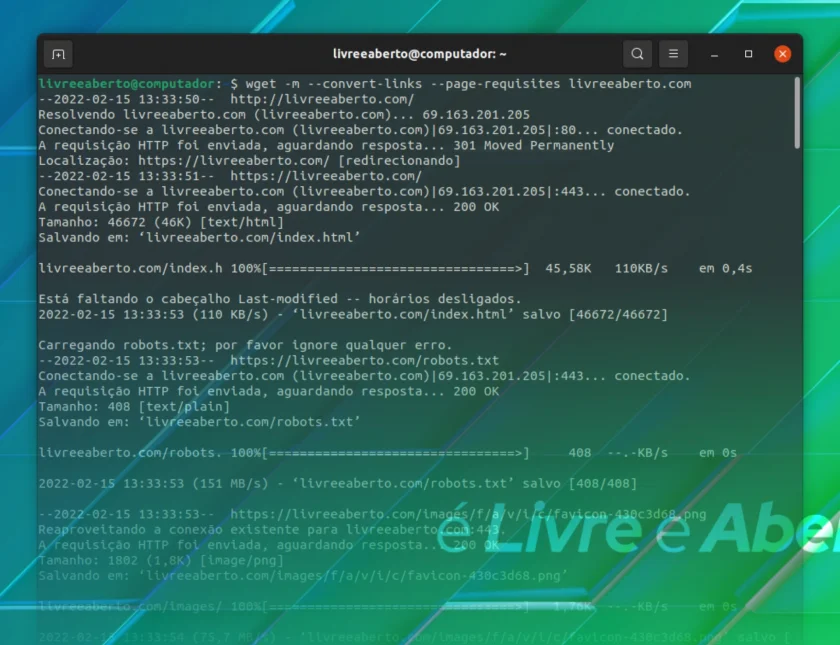 Baixando sites inteiros usando o comando wget
