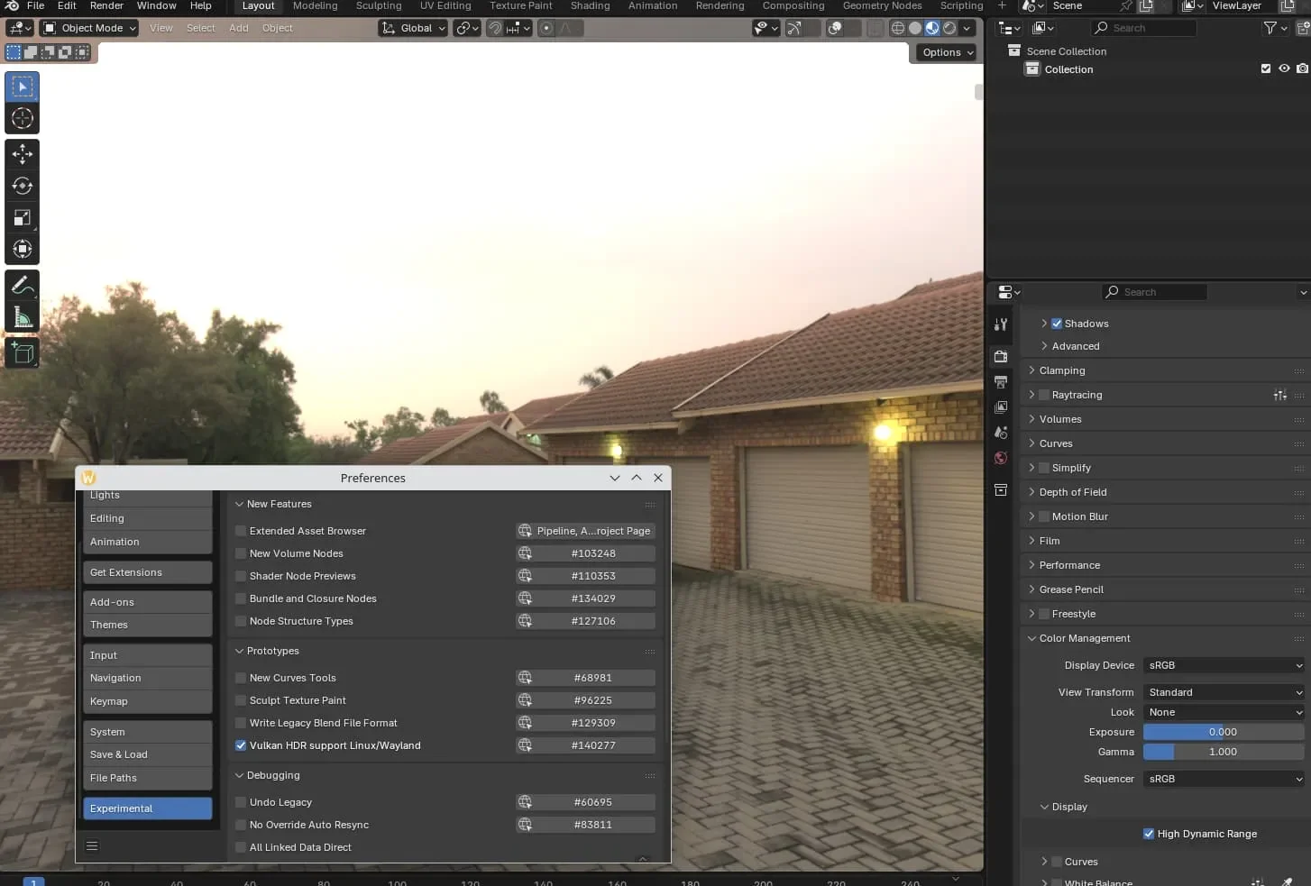 Uma captura de tela que mostra o suporte HDR experimental do Blender 5.0 em uma sessão do Wayland no Linux