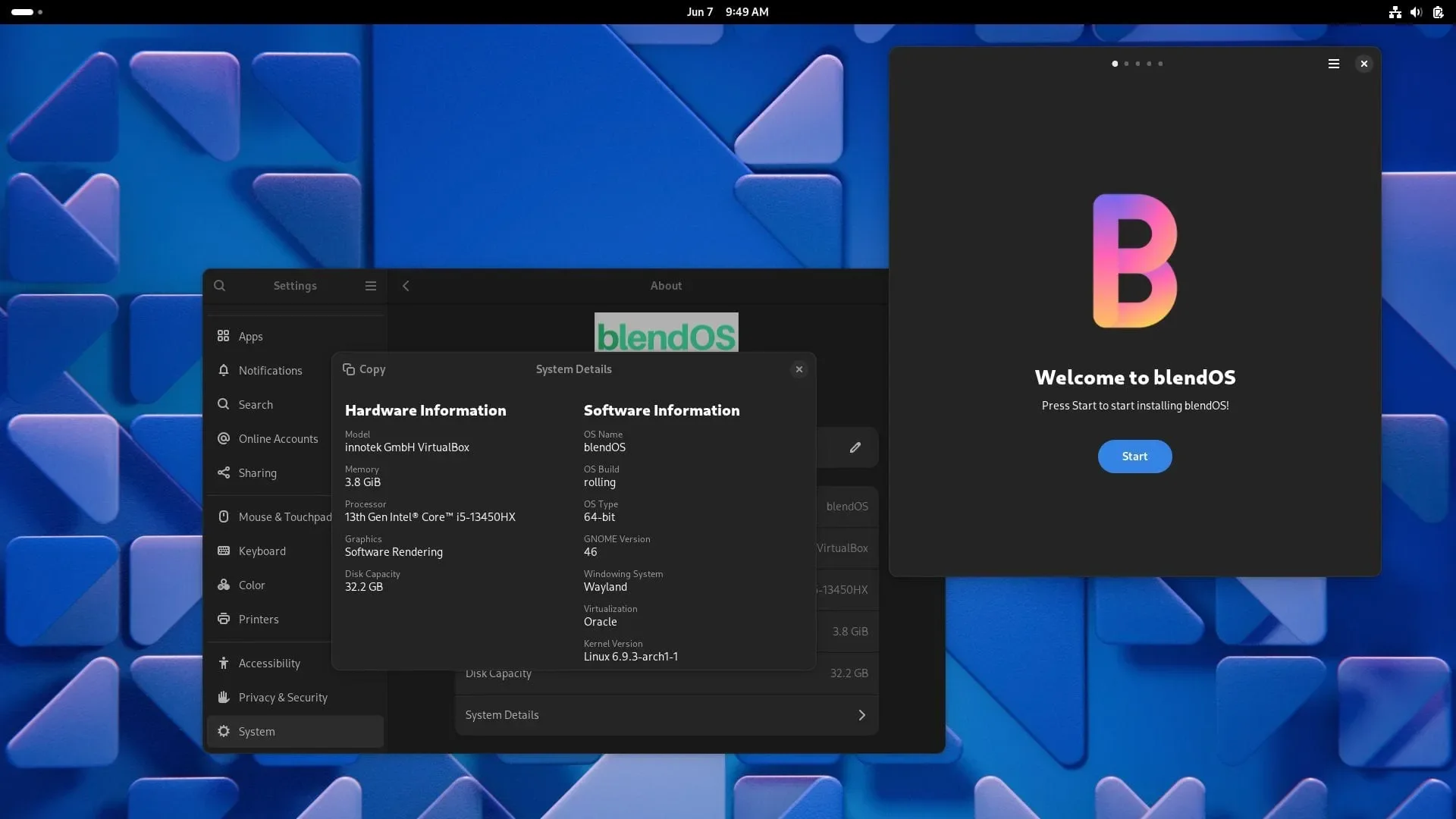 Uma captura de tela do Blendos V4 Desktop View com as janelas de boas-vindas e detalhes do sistema abertas