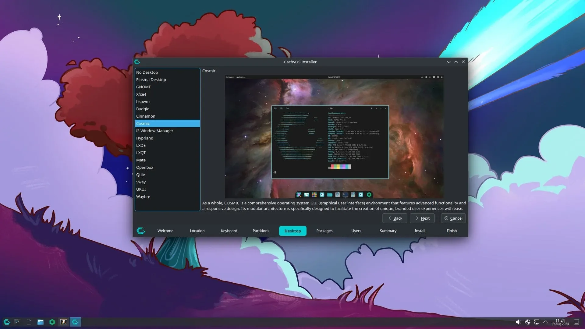 Uma captura de tela do instalador do Cachyos tendo o Cosmic como opção de ambiente de desktop