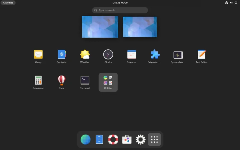 Uma captura de tela do carbonOS com a área de trabalho do GNOME