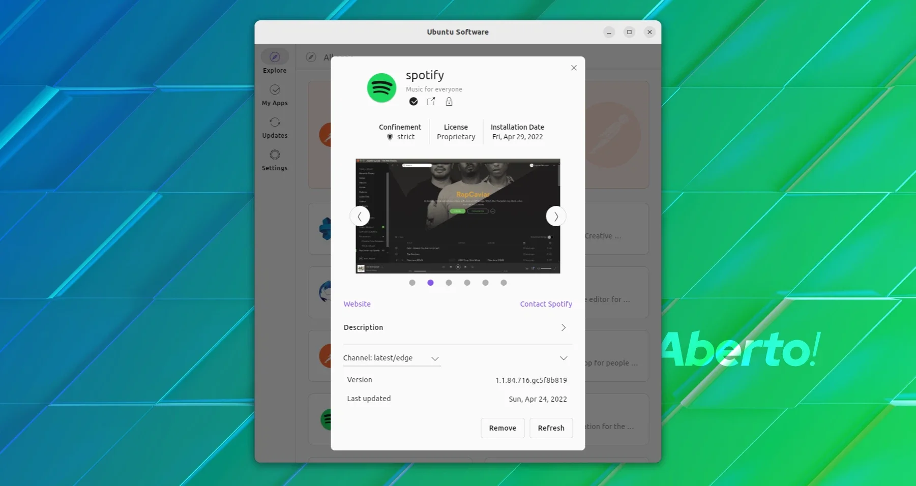 Centro de Software feito em Flutter no Ubuntu mostrando informações de aplicativos