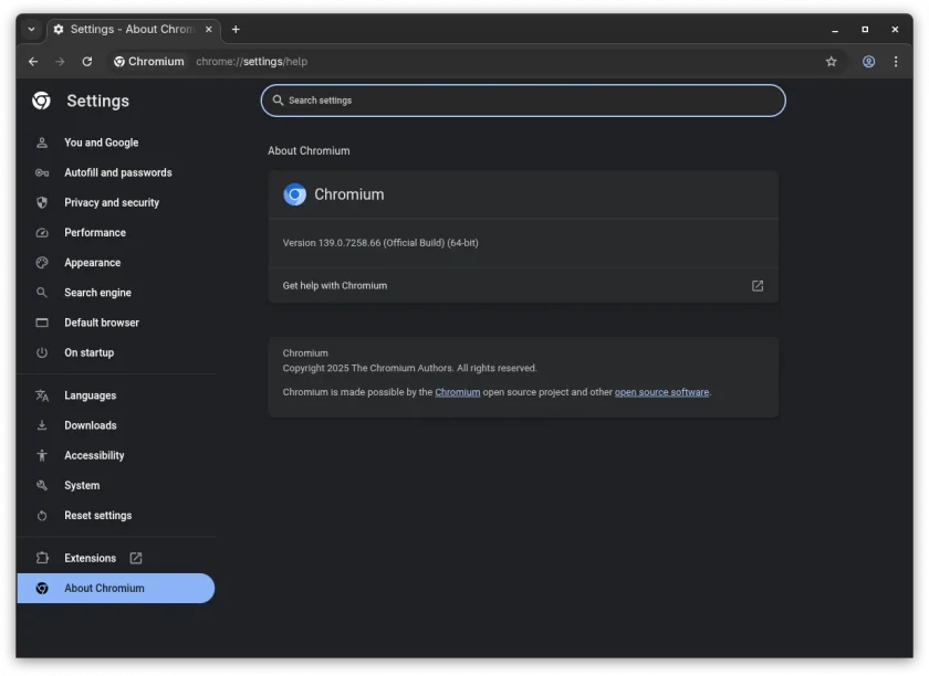 Uma captura de tela que mostra a guia Sobre do Chromium com informações de versão