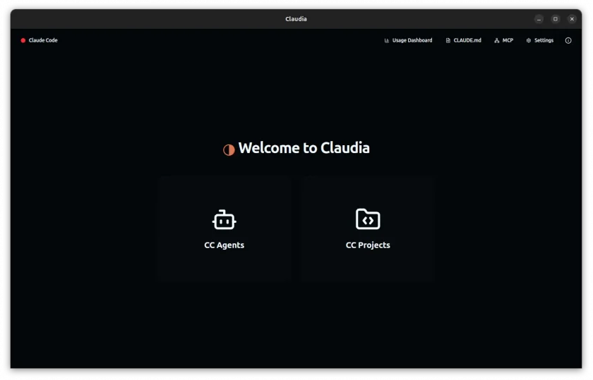 Claudia rodando no Ubuntu 25.04, com a tela de boas-vindas aberta e diversas opções de interação