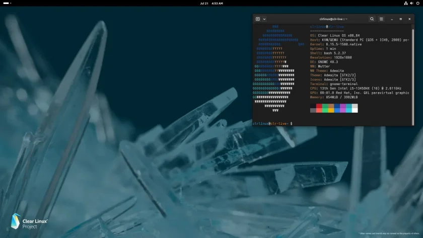Saída neofetch do sistema operacional Linux claro em um terminal, com o resto da interface da área de trabalho por trás dele