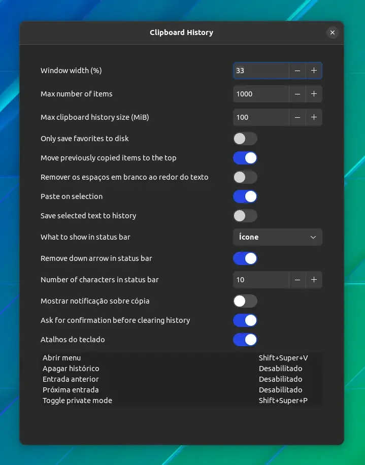 Opções do Clipboard History