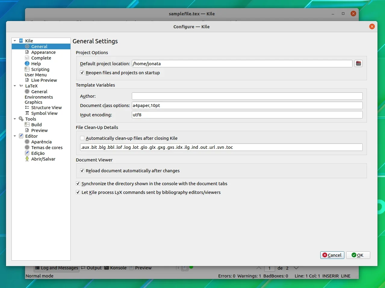 Diálogo de configurações do Kile Diálogo de configurações do Kile