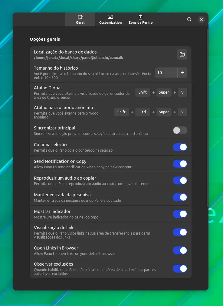 As configurações do Pano As configurações do Pano