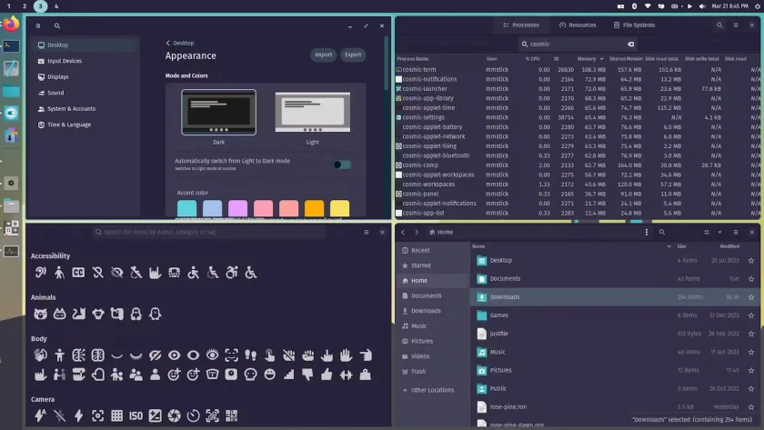 Uma captura de tela do tema de aplicativo COSMIC