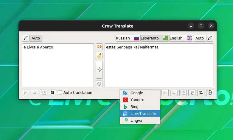 O Crow Translate suporta vários back-ends