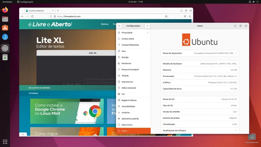 Tela do Ubuntu 22.04 com página do Livre e Aberto no navegador Firefox e janela de configurações mostrando informações do sistema Tela do Ubuntu 22.04 com página do Livre e Aberto no navegador Firefox e janela de configurações mostrando informações do sistema