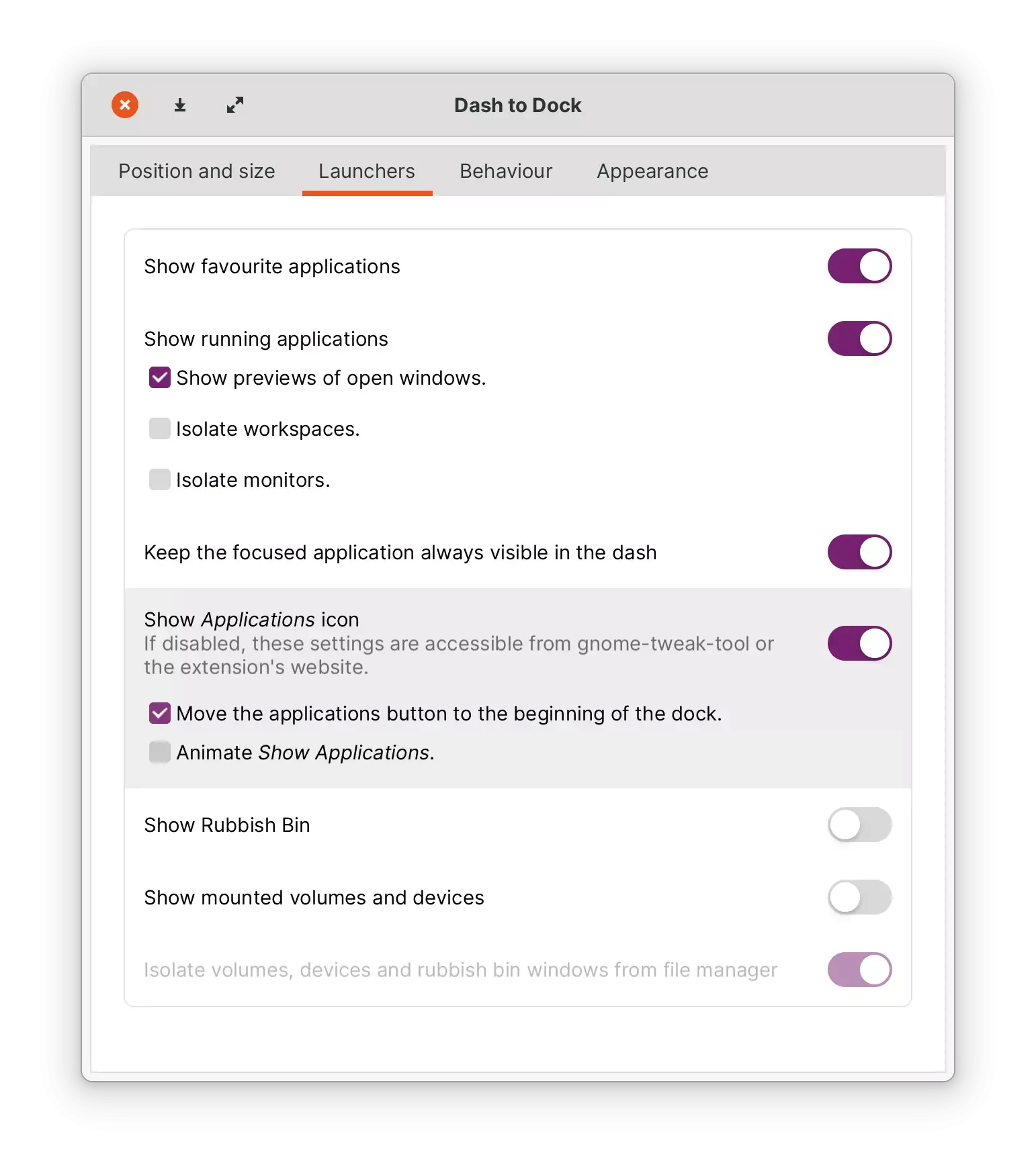 Configurações do Dash to Dock