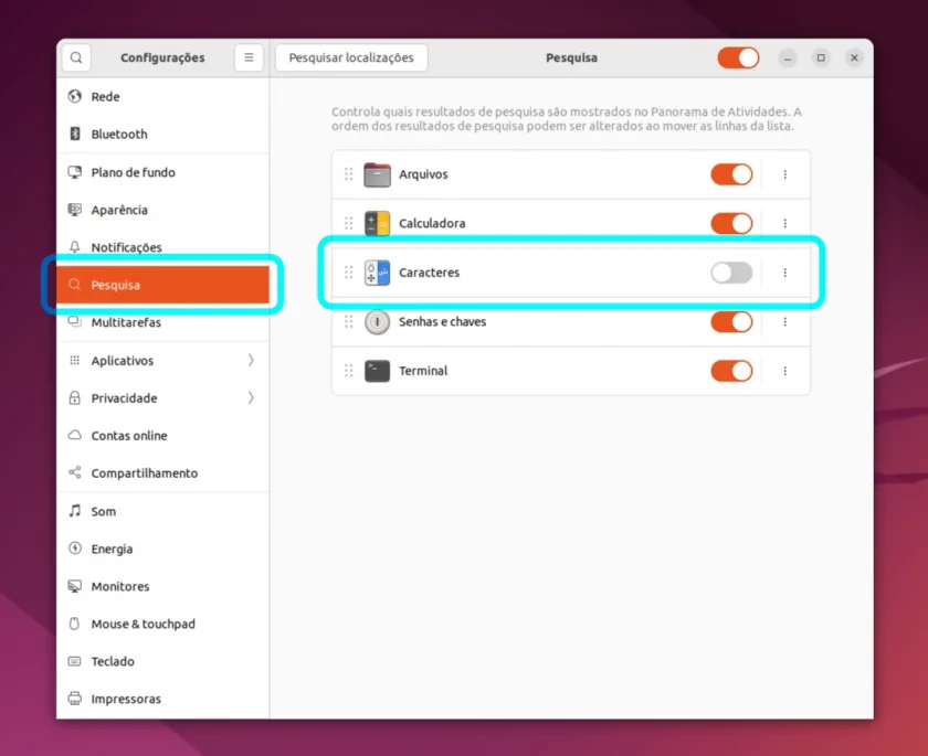 Desabilitando pesquisa por caracteres no Ubuntu 22.04