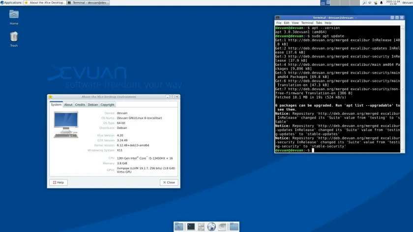 Captura de tela da área de trabalho Devuan 6.0 Live