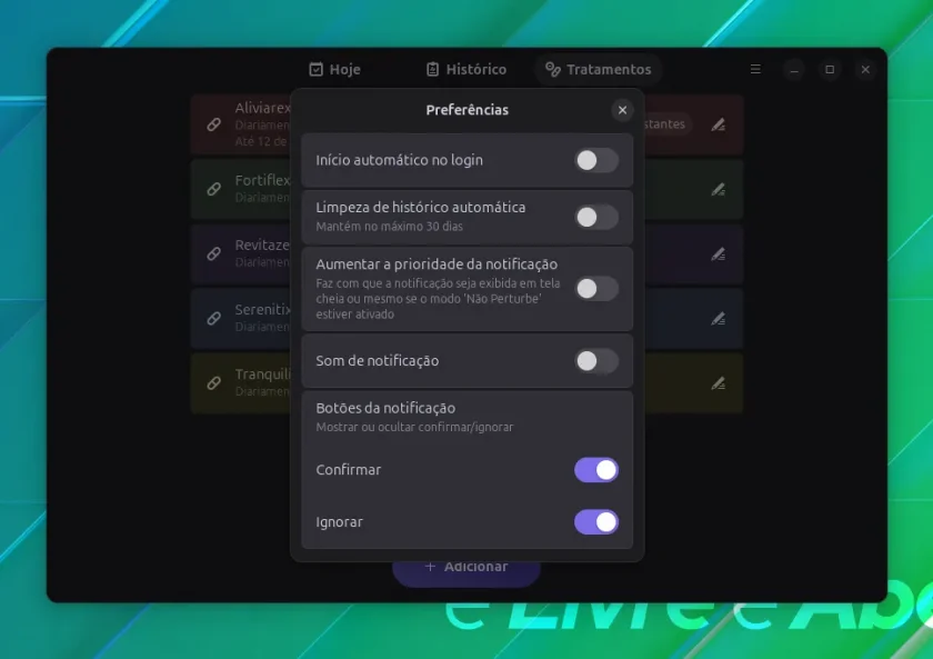 uma captura de tela do menu de preferências de dosagem