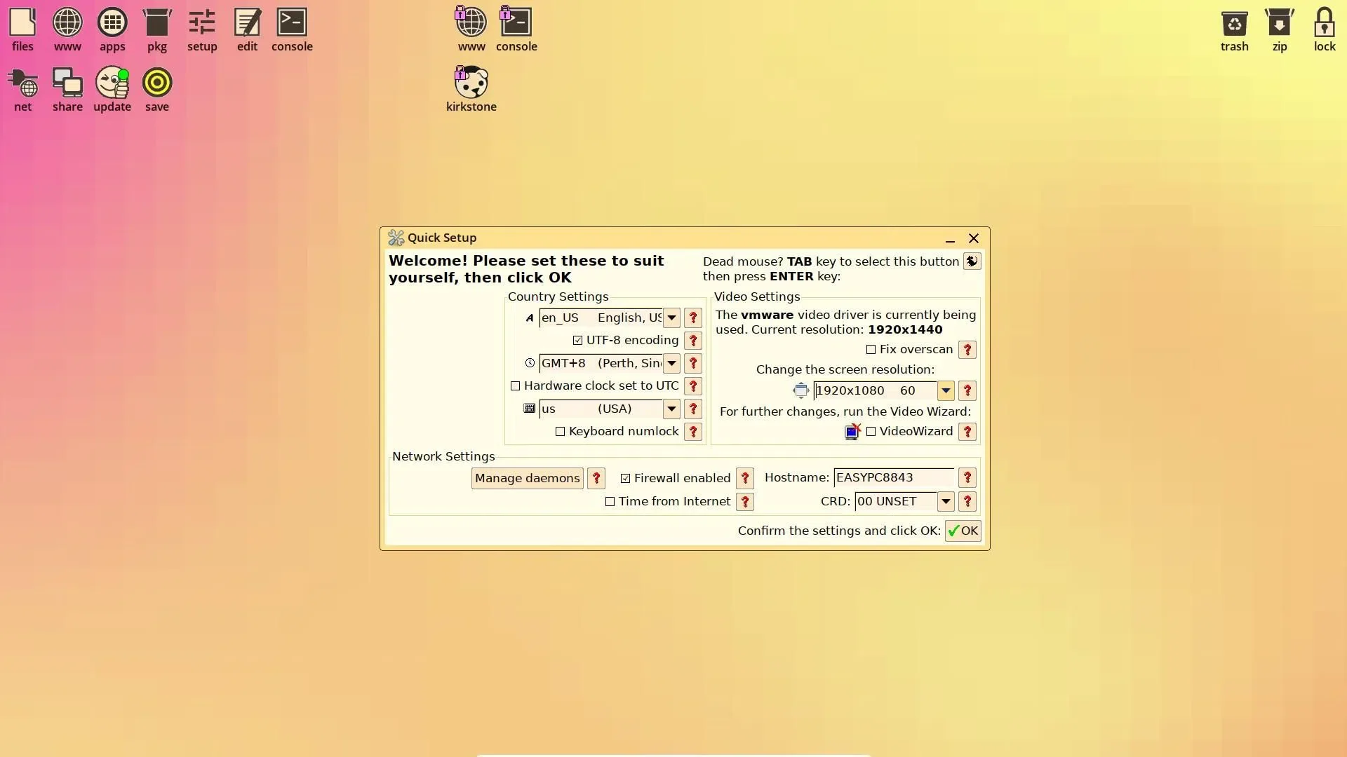 Uma captura de tela do Assistente de Configuração Rápida do EasyOS