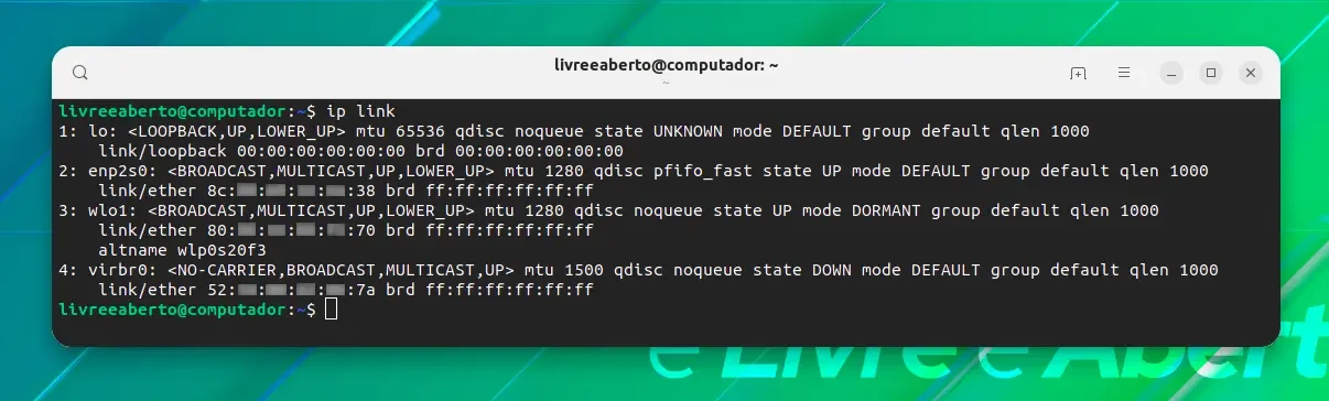 Endereço mac usando o comando ip