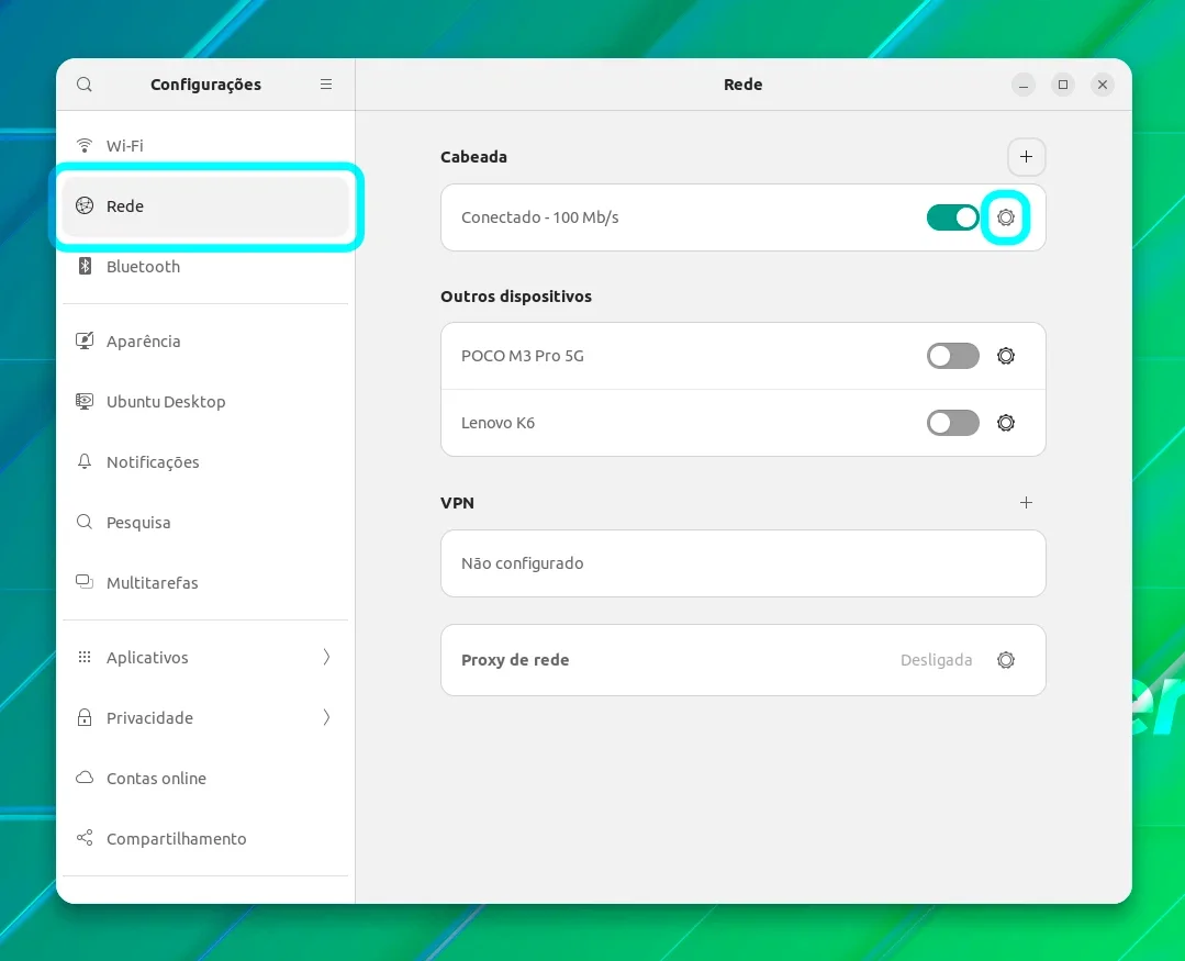 Abrindo a aba de redes nas configurações do GNOME