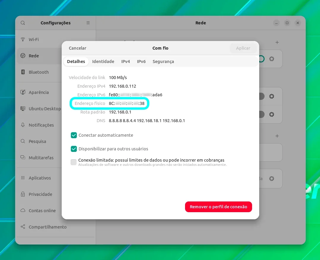 Endereço mac nas configurações do GNOME