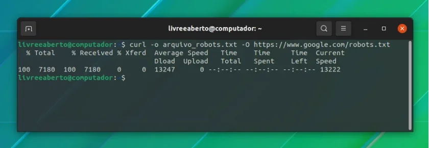 Especificando um nome de arquivo para baixar usando o comando curl