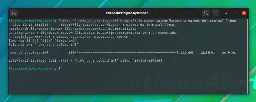 Especificando um nome de arquivo para baixar usando o comando wget